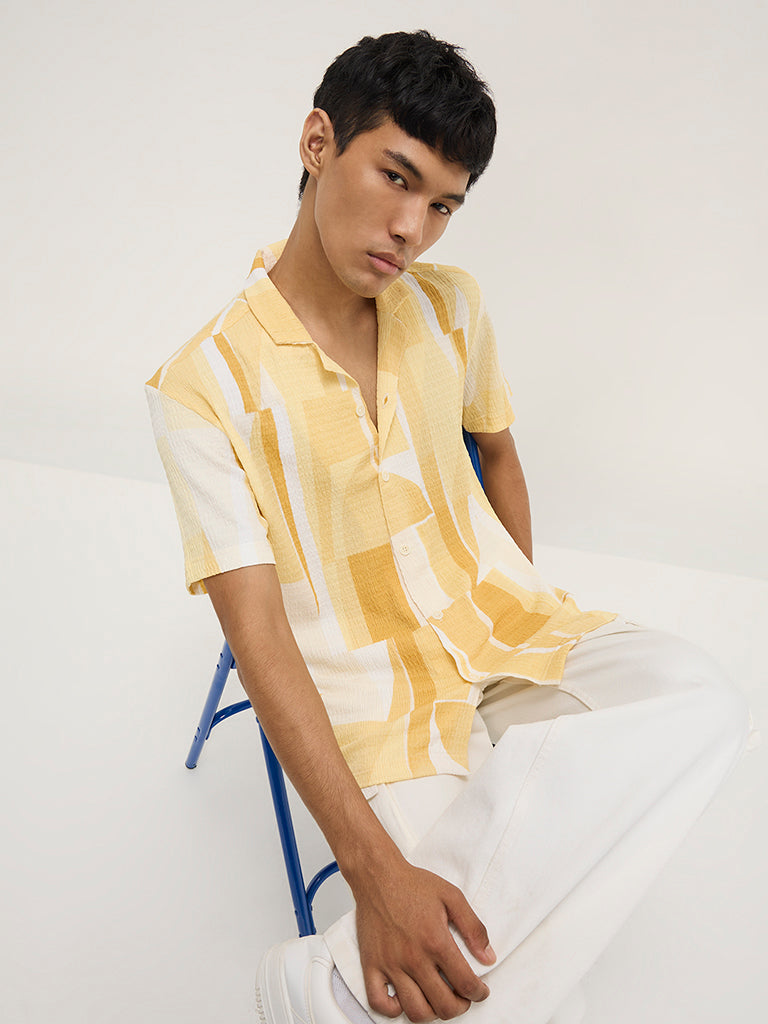 Nuon Yellow Geometric Design Textured Relaxed-Fit Shirt