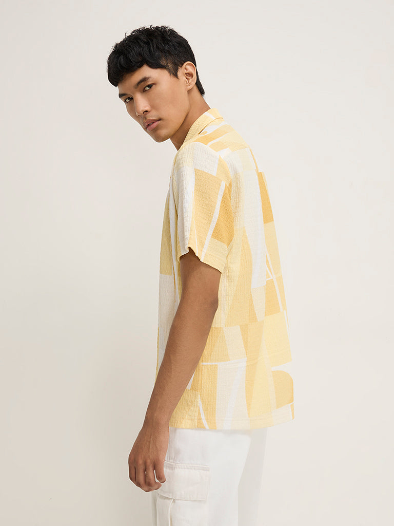 Nuon Yellow Geometric Design Textured Relaxed-Fit Shirt