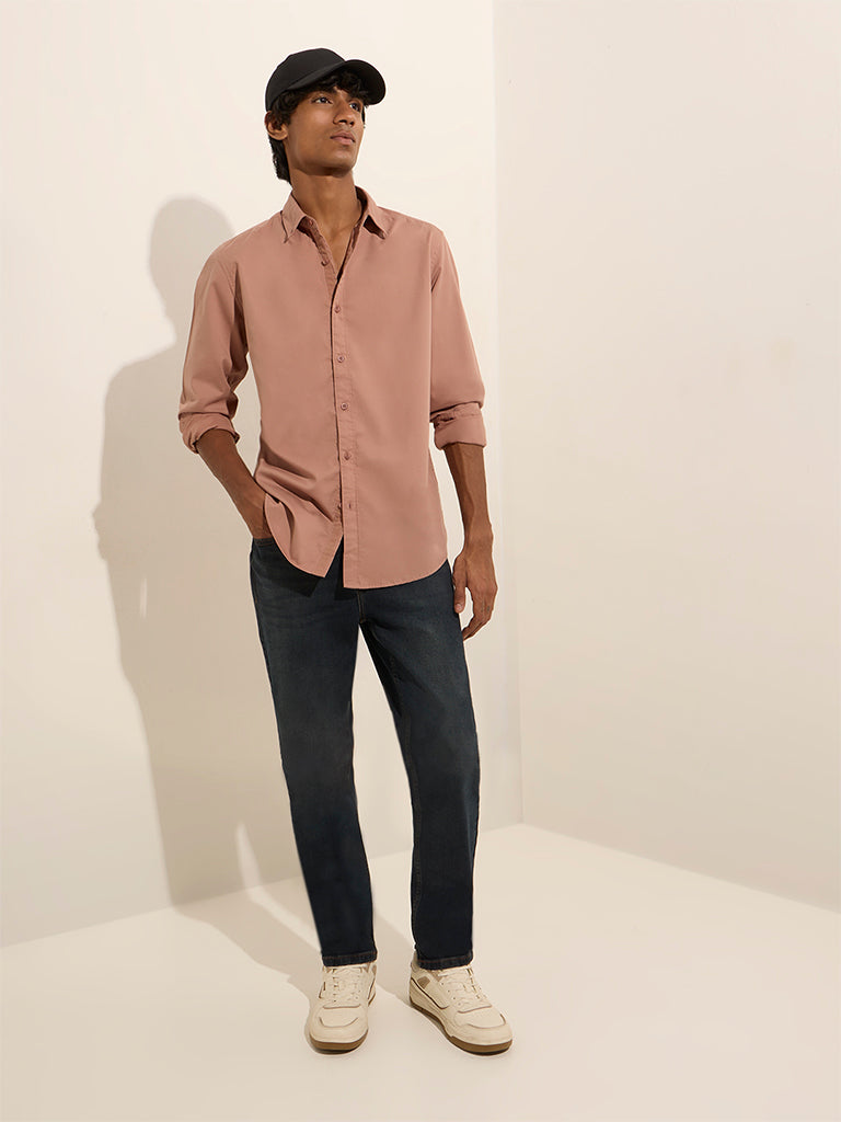 Nuon Dusty Pink Solid Slim-Fit Cotton Shirt