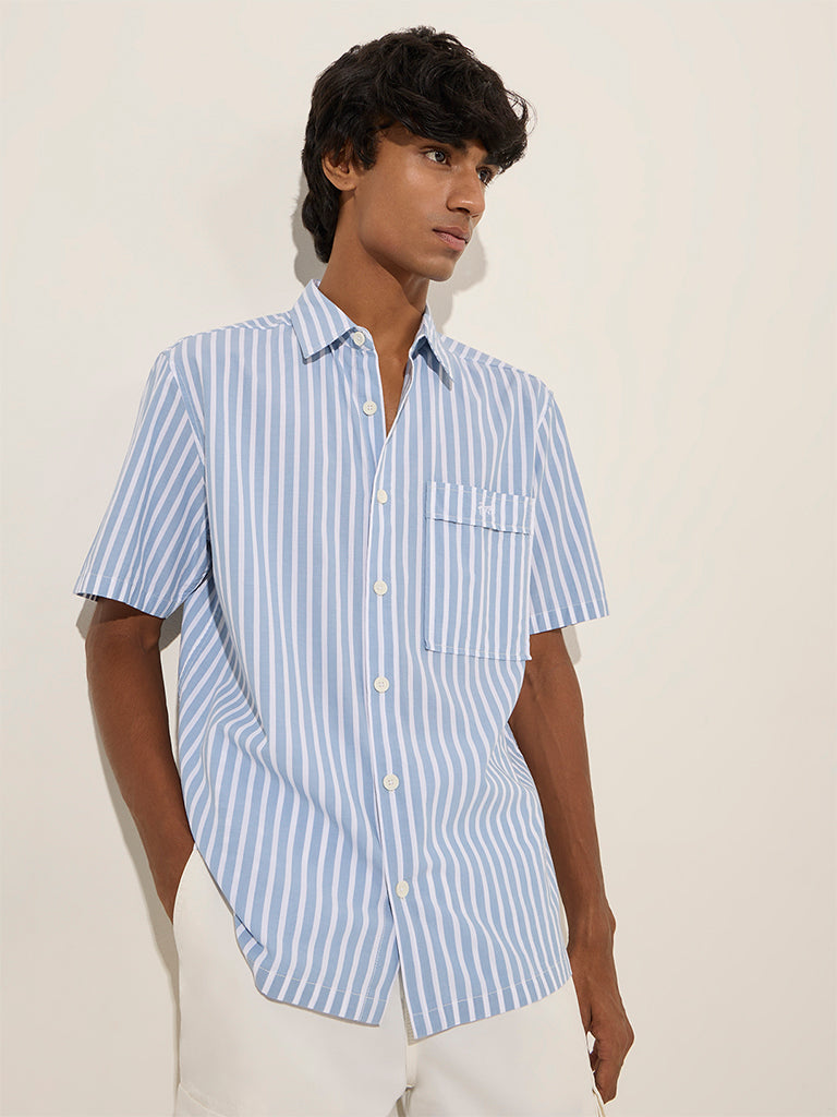 Nuon Blue Stripe Printed Relaxed-Fit Cotton Shirt