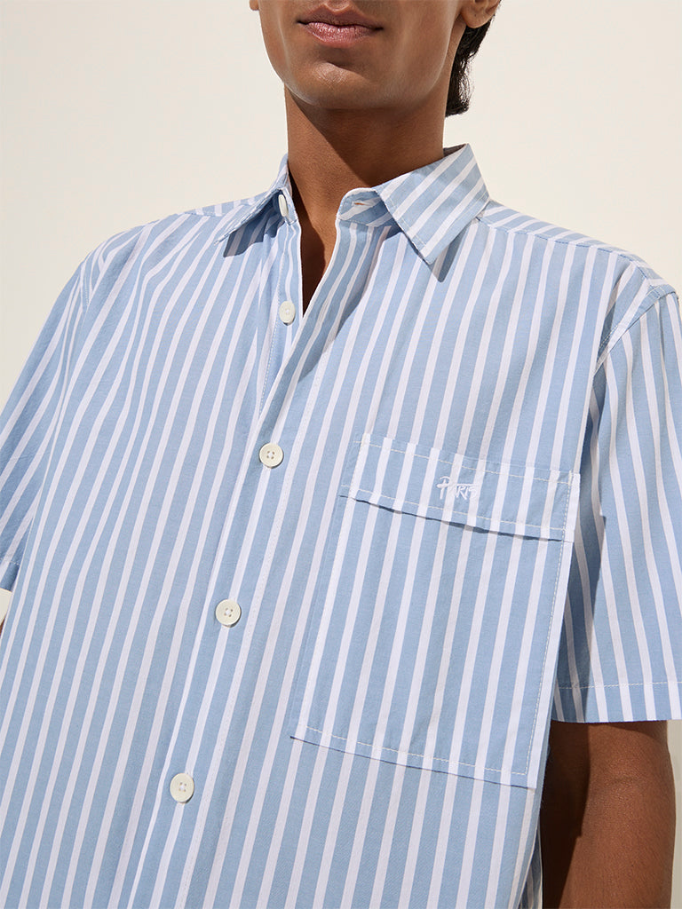 Nuon Blue Stripe Printed Relaxed-Fit Cotton Shirt