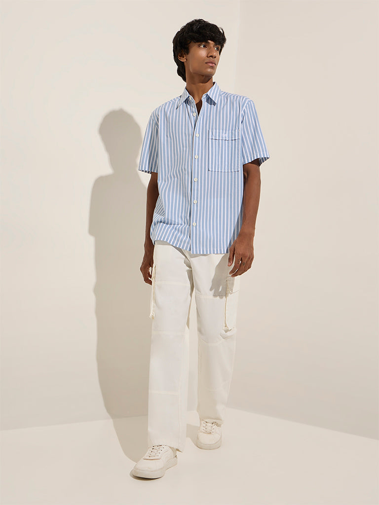 Nuon Blue Stripe Printed Relaxed-Fit Cotton Shirt