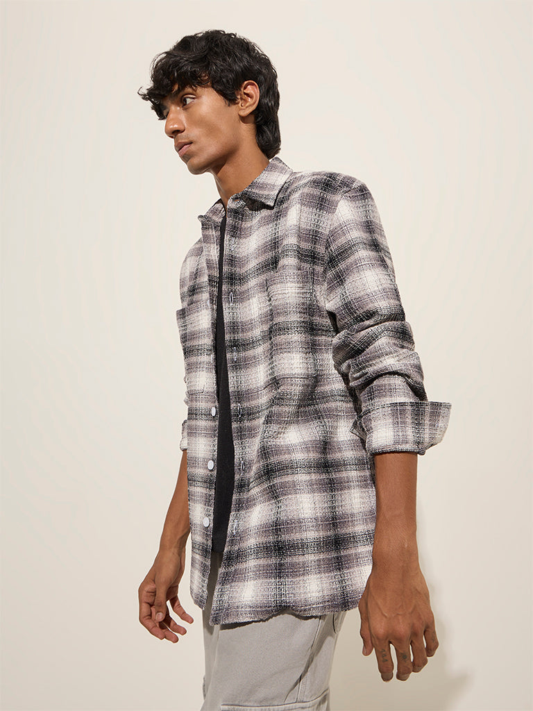 Nuon Dark Grey Checks Printed Relaxed-Fit Cotton Shirt