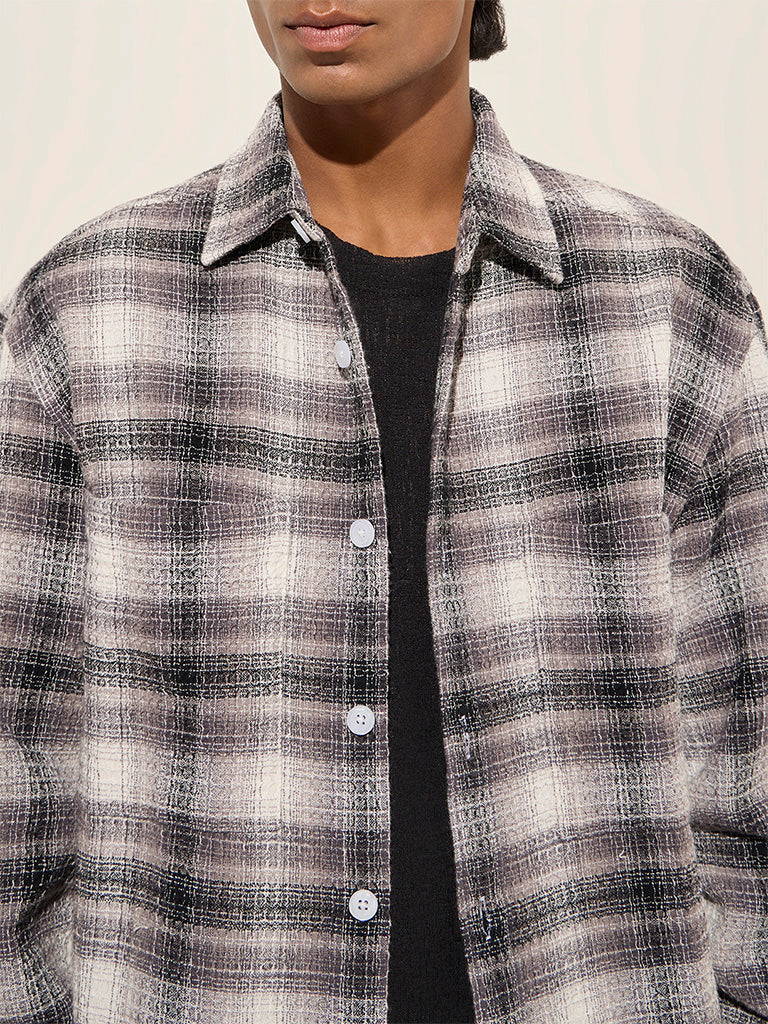 Nuon Dark Grey Checks Printed Relaxed-Fit Cotton Shirt