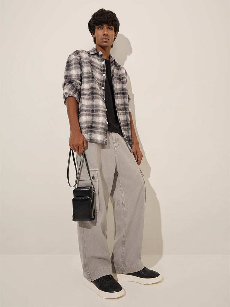 Nuon Dark Grey Checks Printed Relaxed-Fit Cotton Shirt