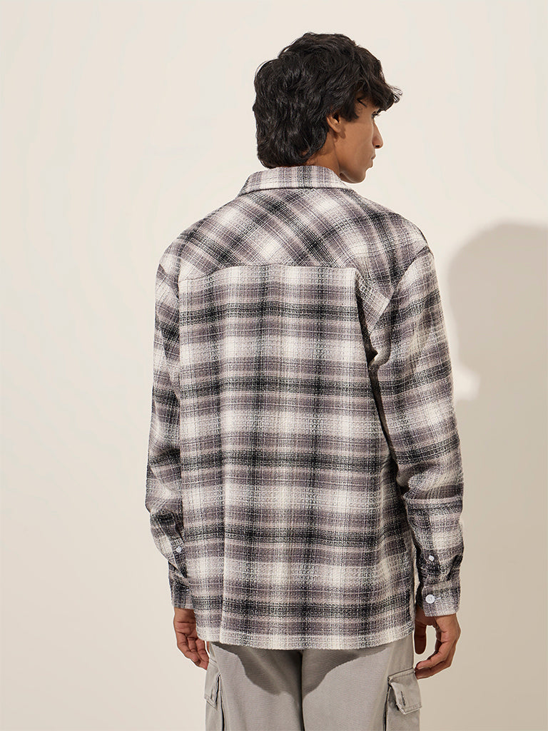 Nuon Dark Grey Checks Printed Relaxed-Fit Cotton Shirt