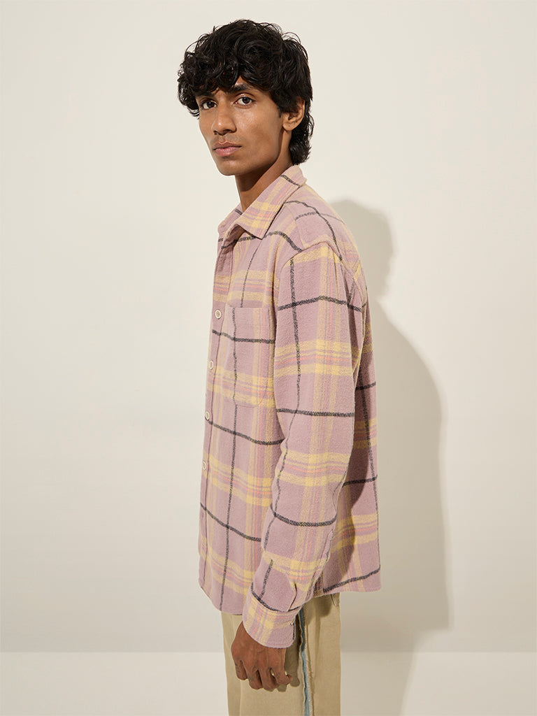 Nuon Dusty Pink Checkered Relaxed-Fit Cotton Shirt