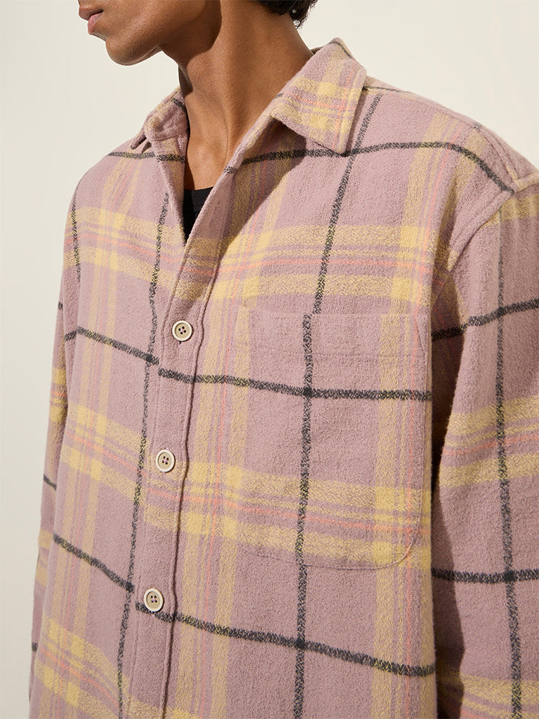 Nuon Dusty Pink Checkered Relaxed-Fit Cotton Shirt