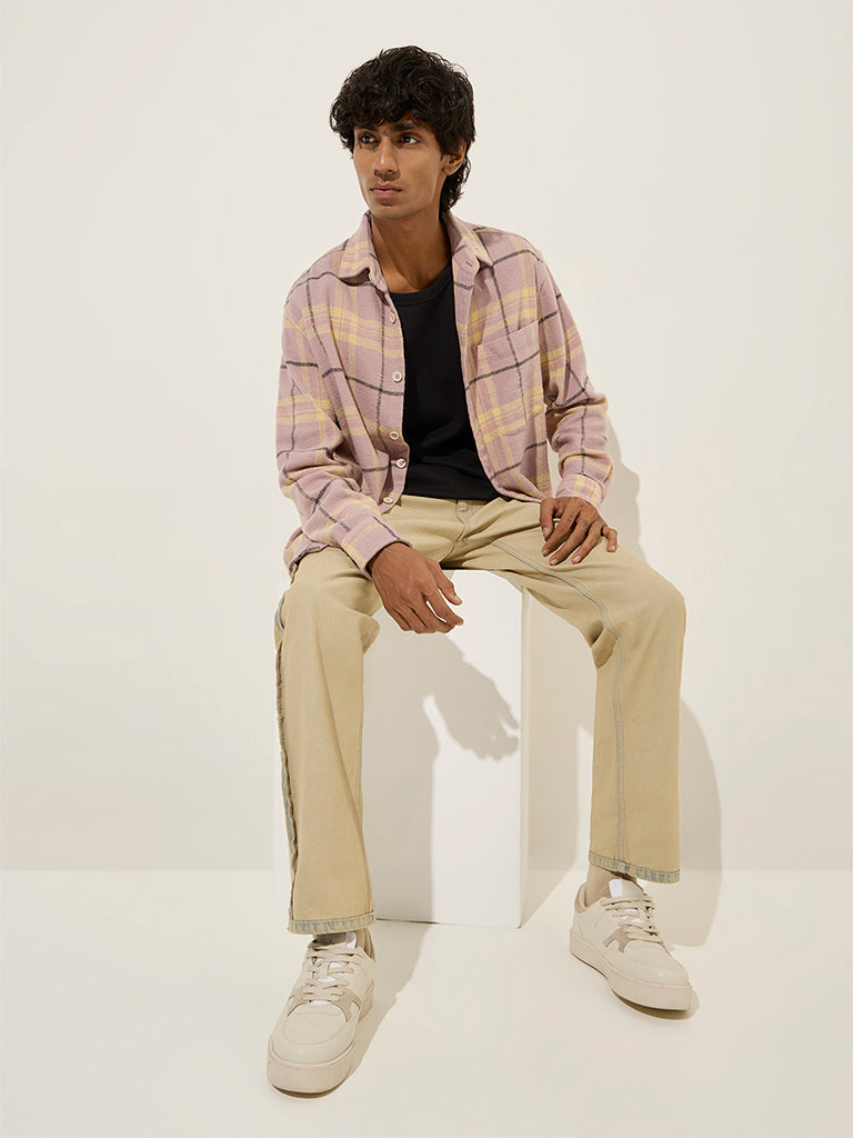 Nuon Dusty Pink Checkered Relaxed-Fit Cotton Shirt