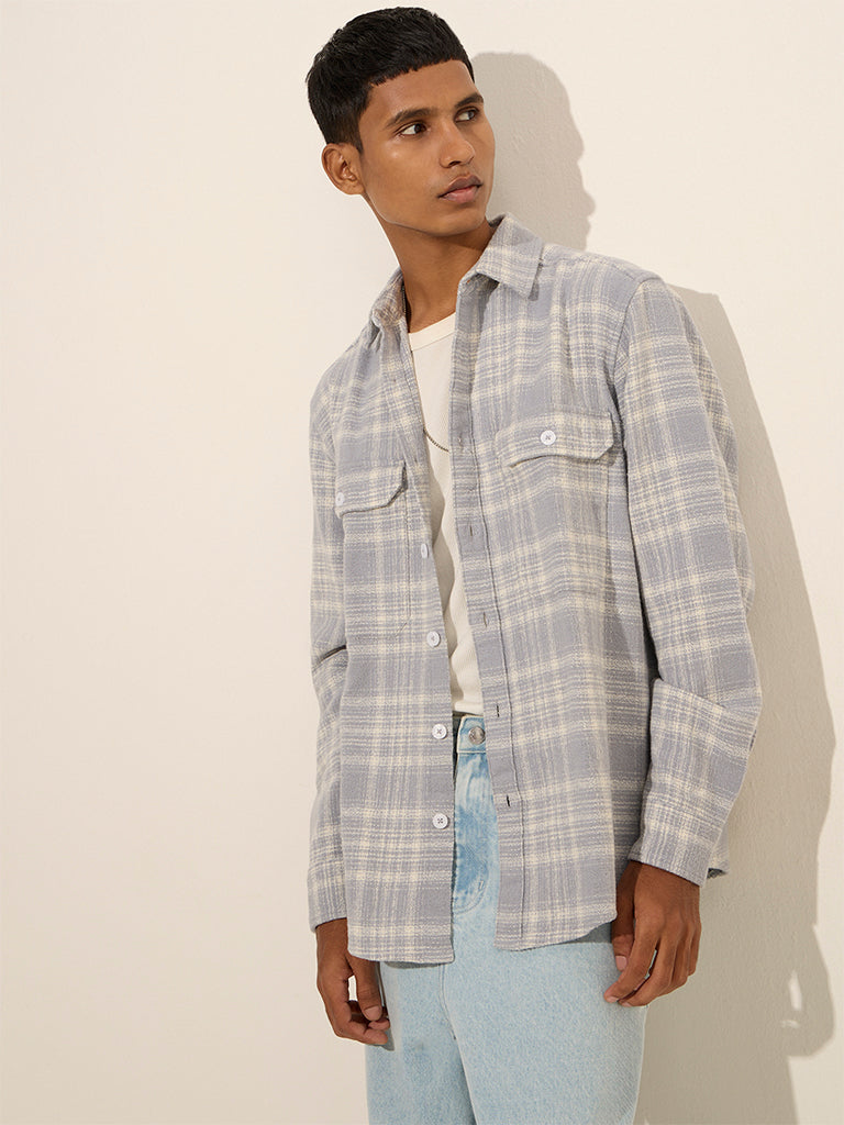 Nuon Light Grey Checkered Relaxed-Fit Cotton Shirt