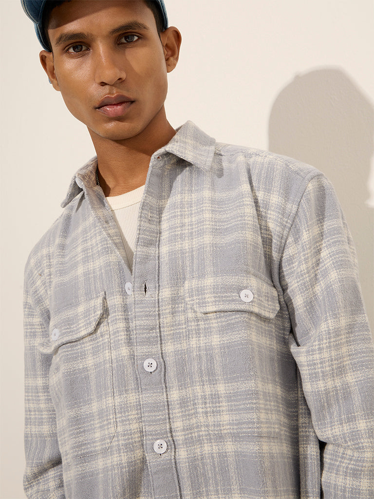 Nuon Light Grey Checkered Relaxed-Fit Cotton Shirt