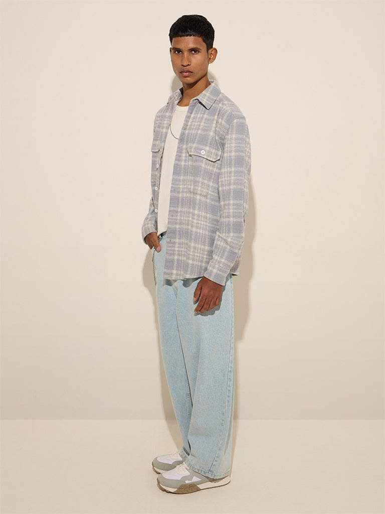 Nuon Light Grey Checkered Relaxed-Fit Cotton Shirt