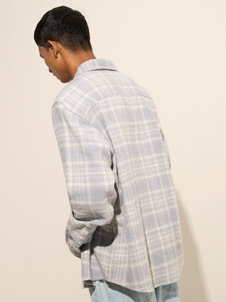 Nuon Light Grey Checkered Relaxed-Fit Cotton Shirt