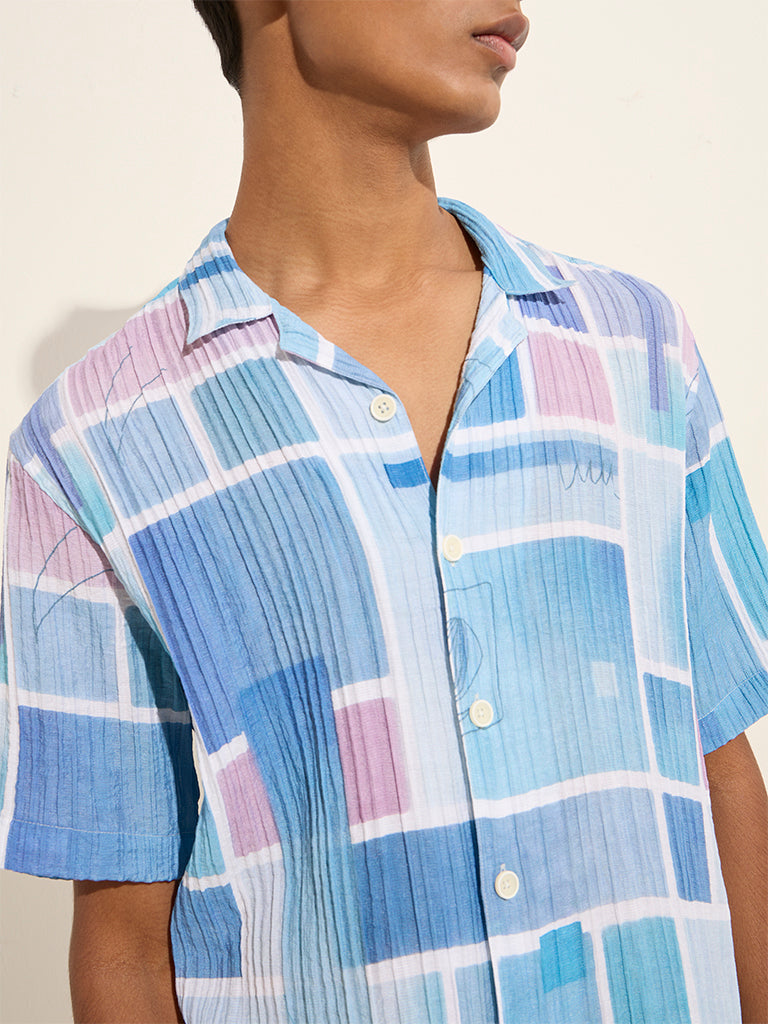 Nuon Blue Geometric Design Relaxed-Fit Shirt