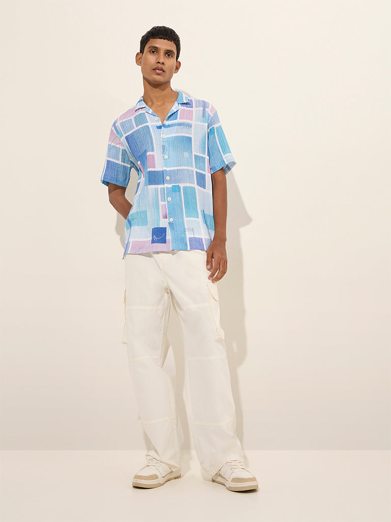 Nuon Blue Geometric Design Relaxed-Fit Shirt