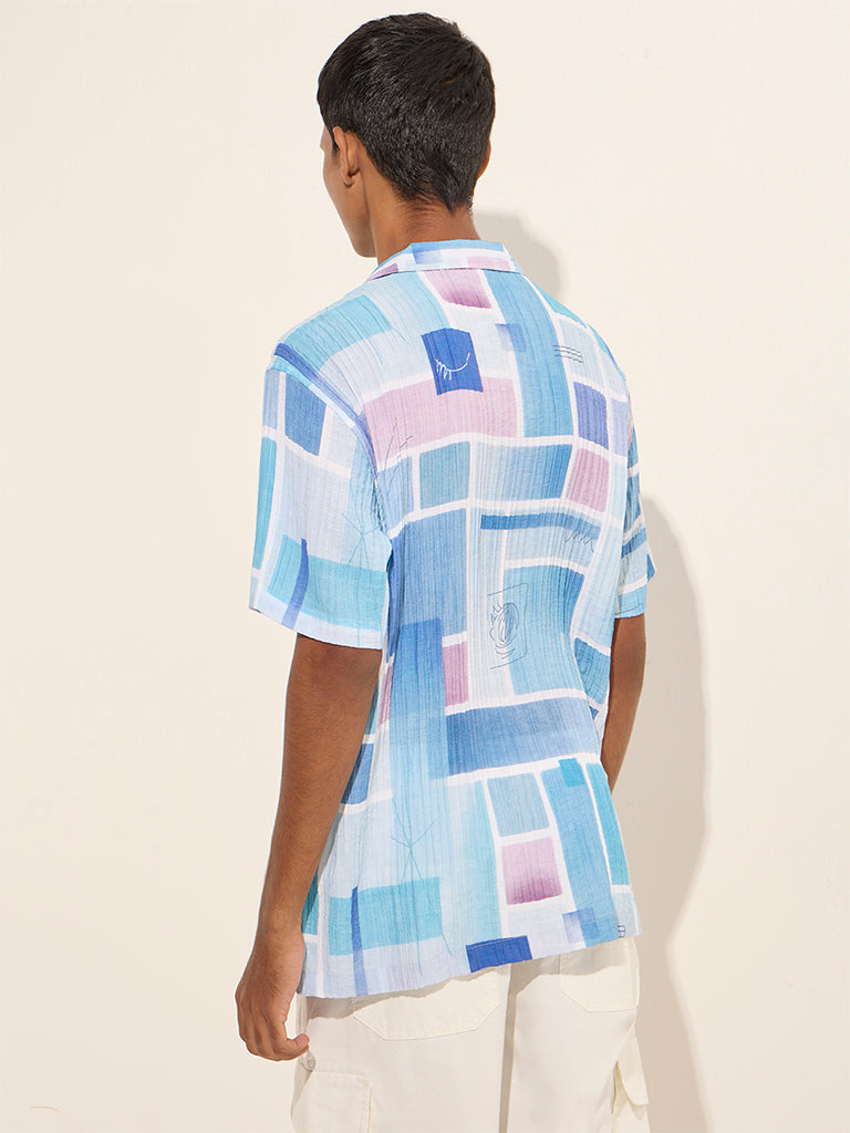 Nuon Blue Geometric Design Relaxed-Fit Shirt