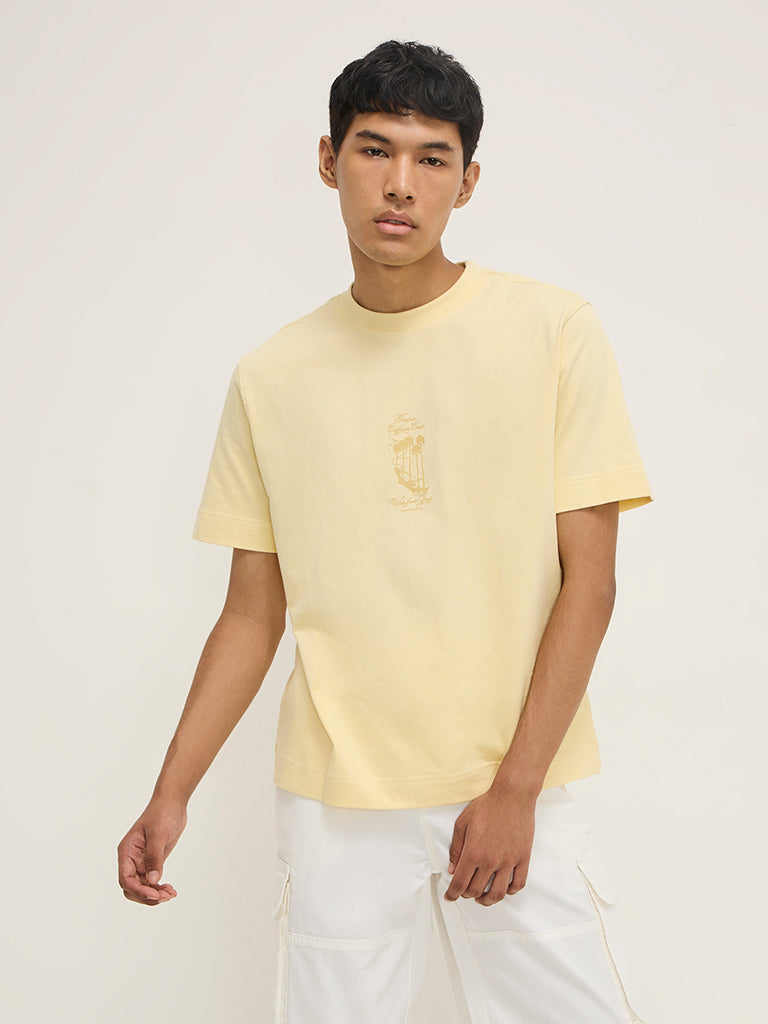 Nuon Yellow Printed Relaxed-Fit Cotton T-Shirt