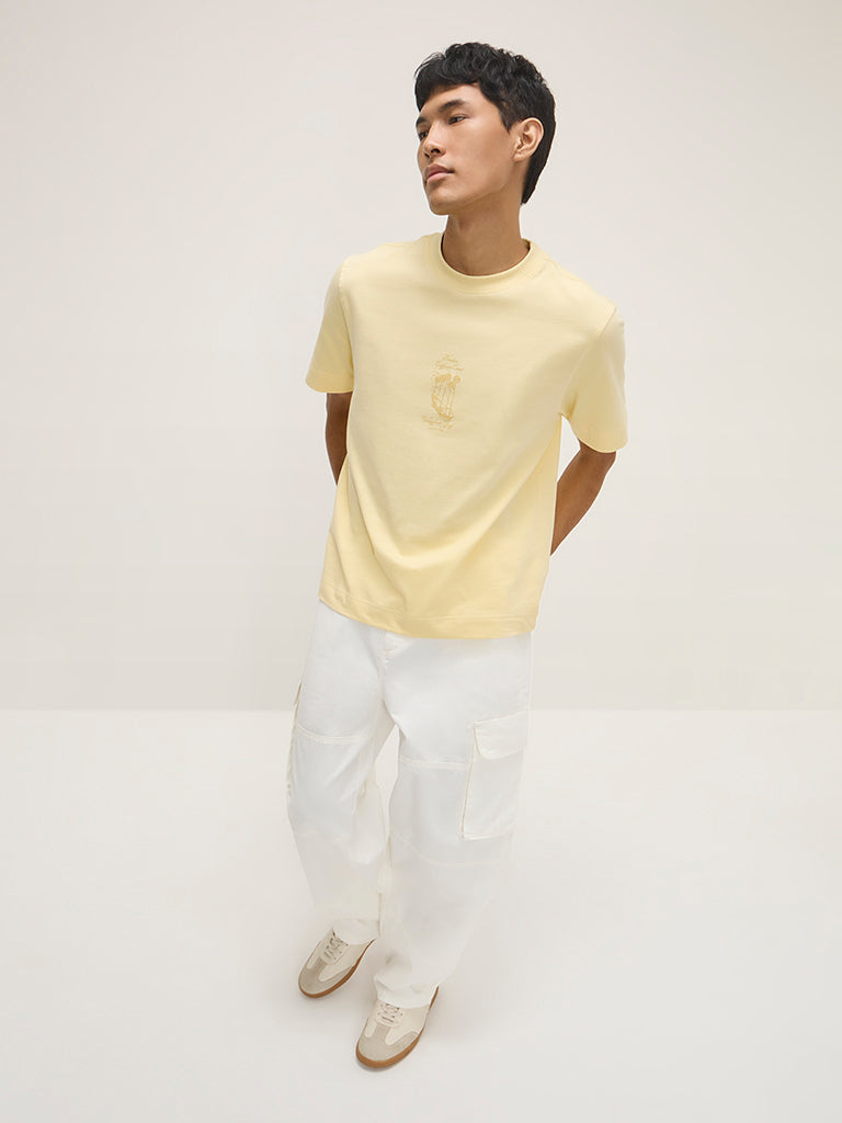 Nuon Yellow Printed Relaxed-Fit Cotton T-Shirt