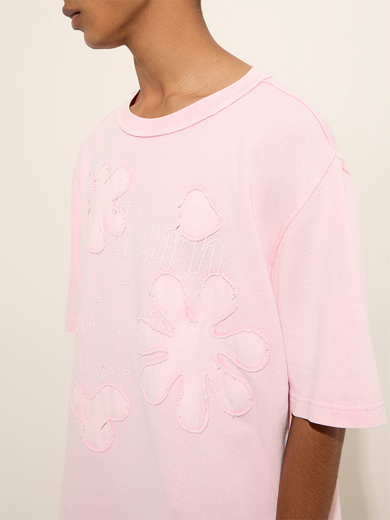 Nuon Pink Floral Design Relaxed-Fit Cotton T-Shirt