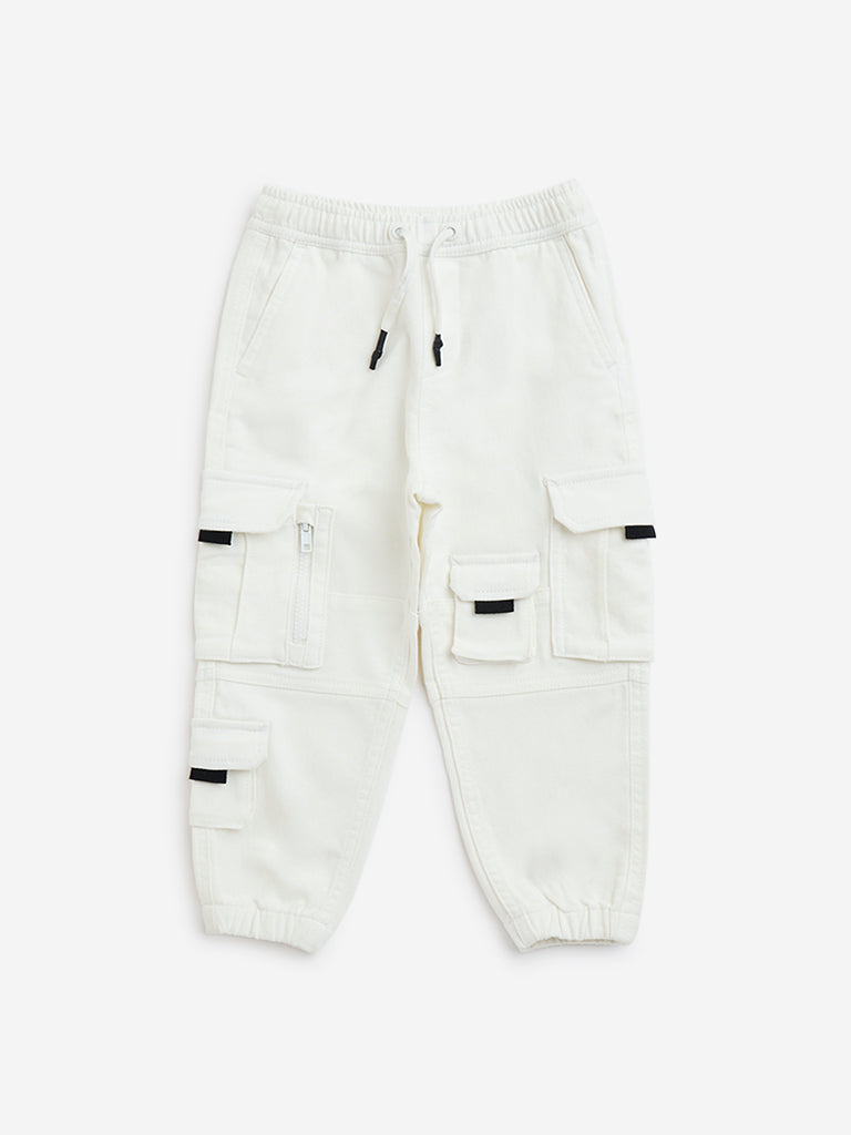 HOP Kids White Cargo-Style Mid-Rise Cotton-Blend Joggers