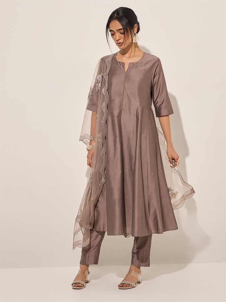 Vark Brown A-Line Kurta, Ethnic Pants and Dupatta Set