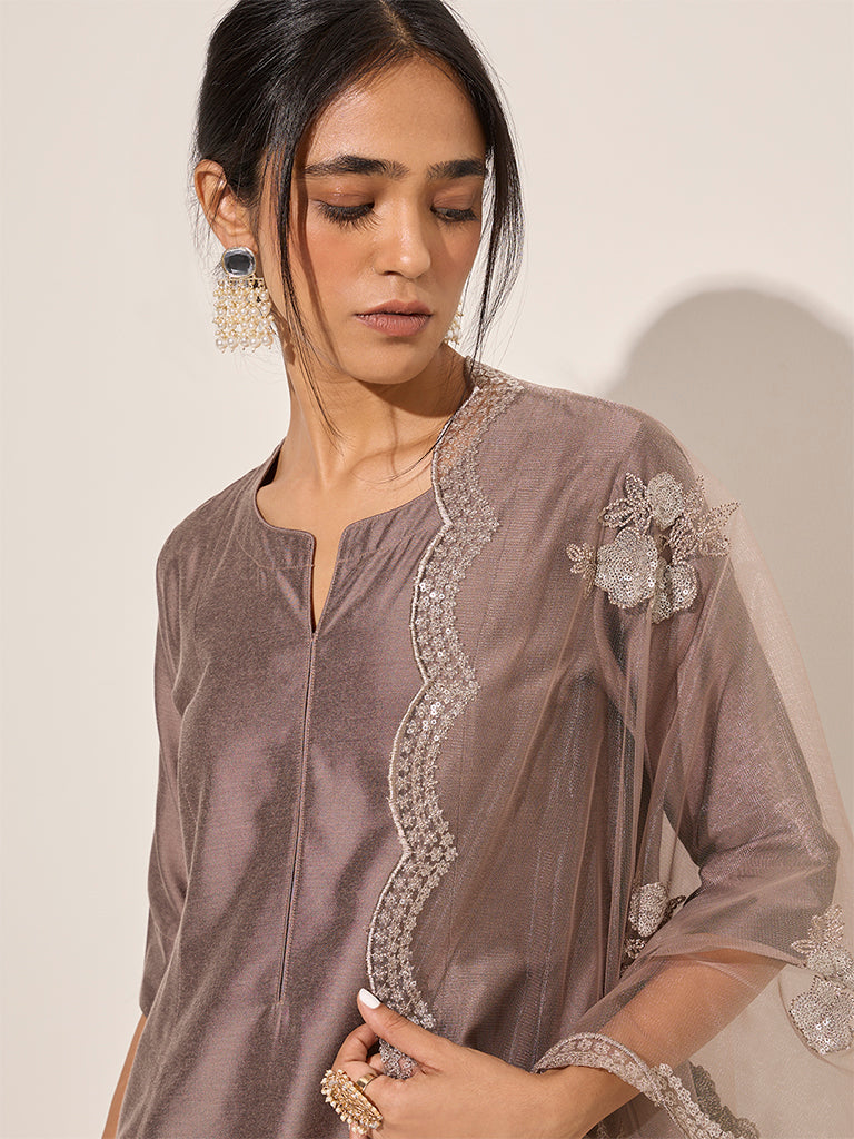 Vark Brown A-Line Kurta, Ethnic Pants and Dupatta Set