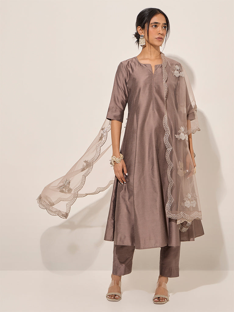 Vark Brown A-Line Kurta, Ethnic Pants and Dupatta Set