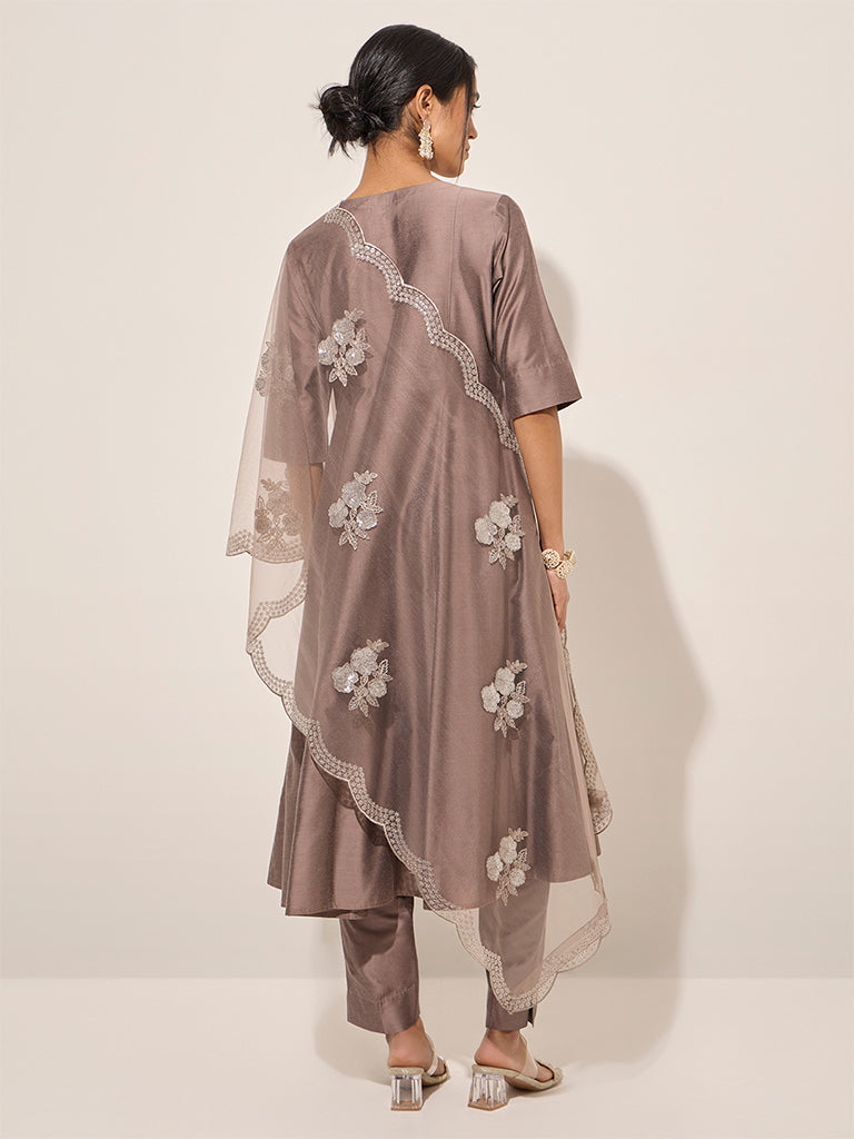 Vark Brown A-Line Kurta, Ethnic Pants and Dupatta Set