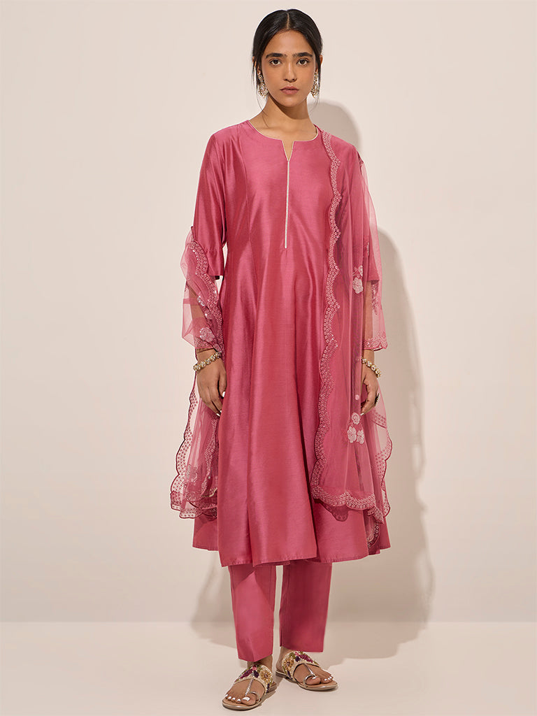 Vark Pink Fit and Flare Kurta, Pants and Dupatta Set