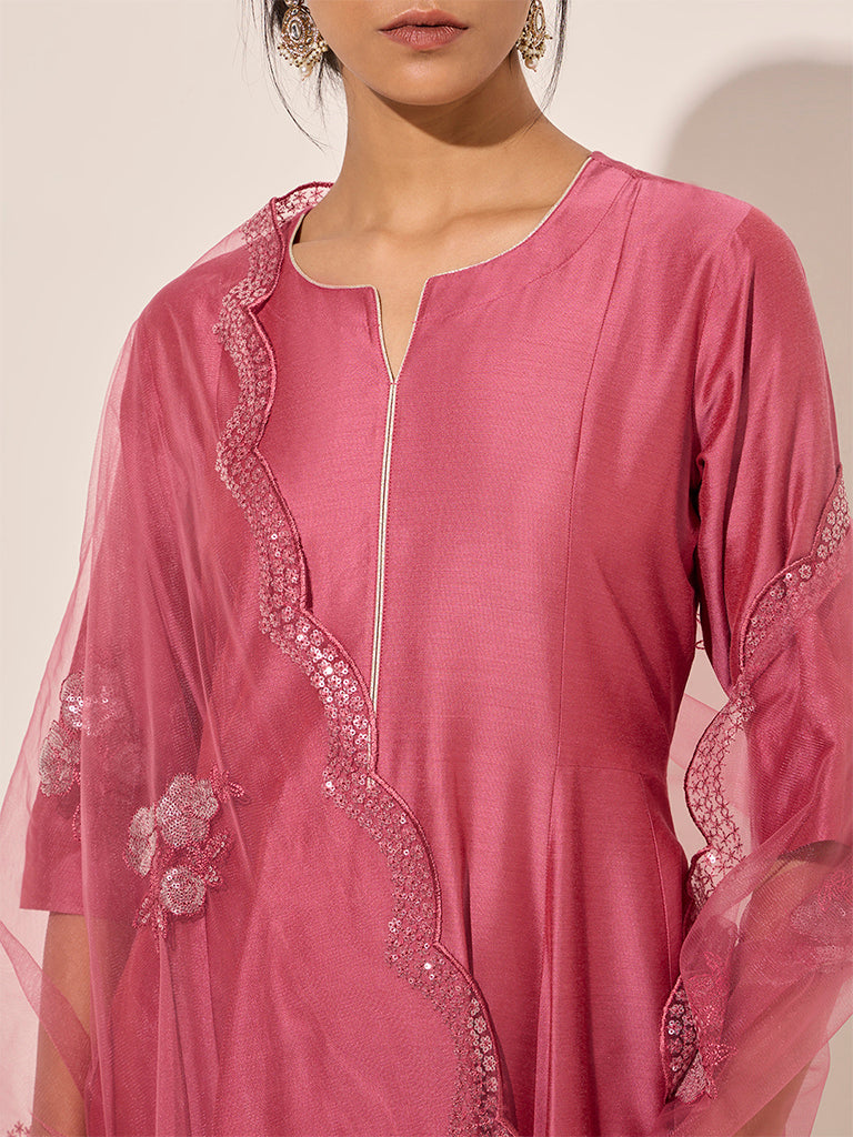 Vark Pink Fit and Flare Kurta, Pants and Dupatta Set