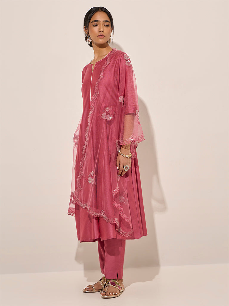 Vark Pink Fit and Flare Kurta, Pants and Dupatta Set