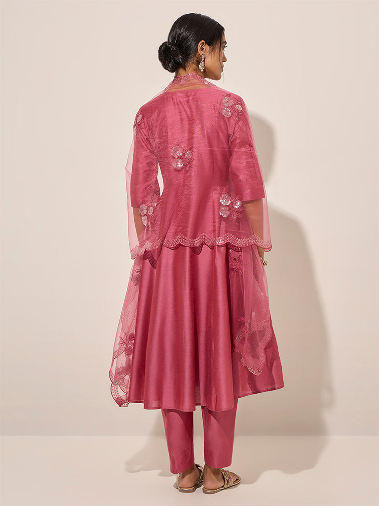 Vark Pink Fit and Flare Kurta, Pants and Dupatta Set