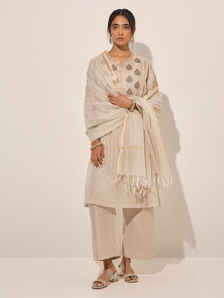 Vark Beige A-Line Kurta with inner, Pants and Dupatta Set