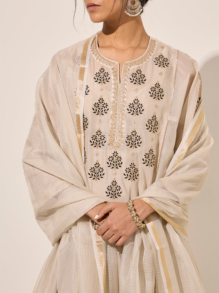 Vark Beige A-Line Kurta with inner, Pants and Dupatta Set