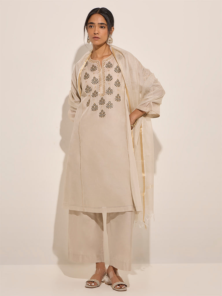 Vark Beige A-Line Kurta with inner, Pants and Dupatta Set