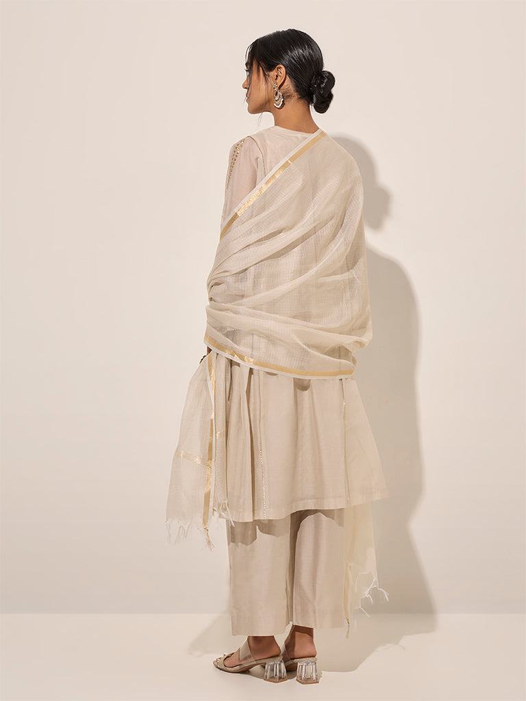 Vark Beige A-Line Kurta with inner, Pants and Dupatta Set