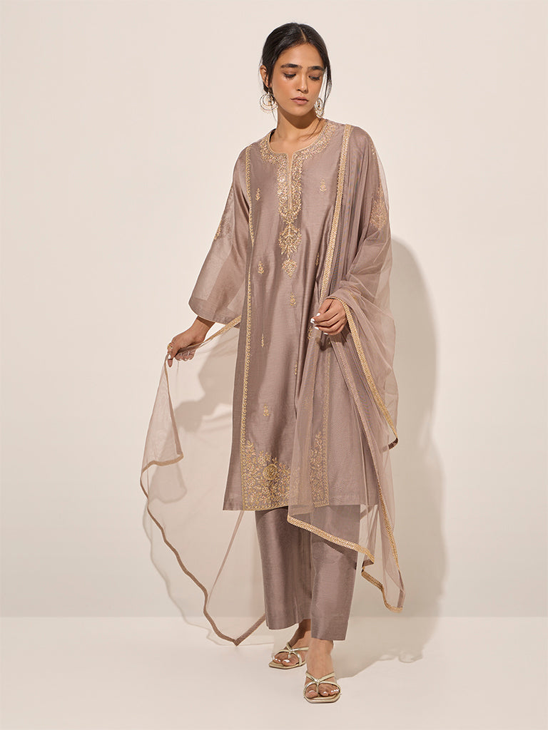 Vark Grey Floral A-Line Kurta, Inner, Pants and Dupatta