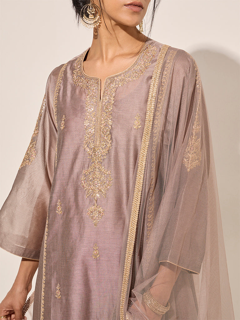 Vark Grey Floral A-Line Kurta, Inner, Pants and Dupatta