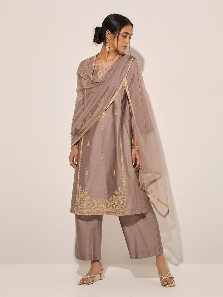 Vark Grey Floral A-Line Kurta, Inner, Pants and Dupatta