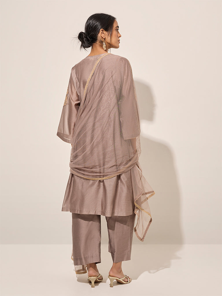 Vark Grey Floral A-Line Kurta, Inner, Pants and Dupatta