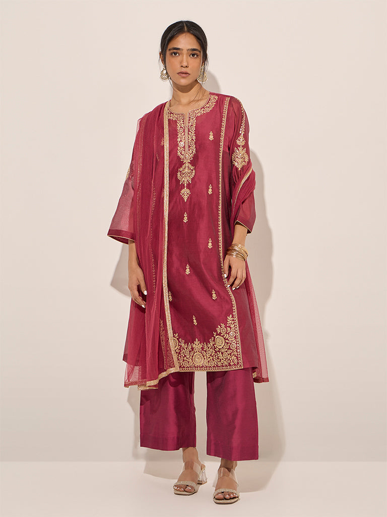 Vark Dark Pink A-Line Kurta, Inner, Pants and Dupatta Set