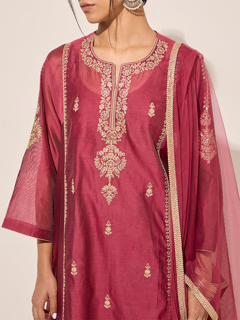 Vark Dark Pink A-Line Kurta, Inner, Pants and Dupatta Set