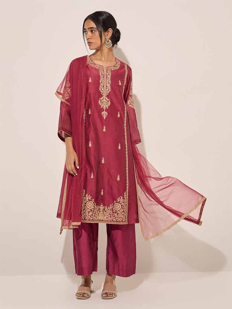 Vark Dark Pink A-Line Kurta, Inner, Pants and Dupatta Set