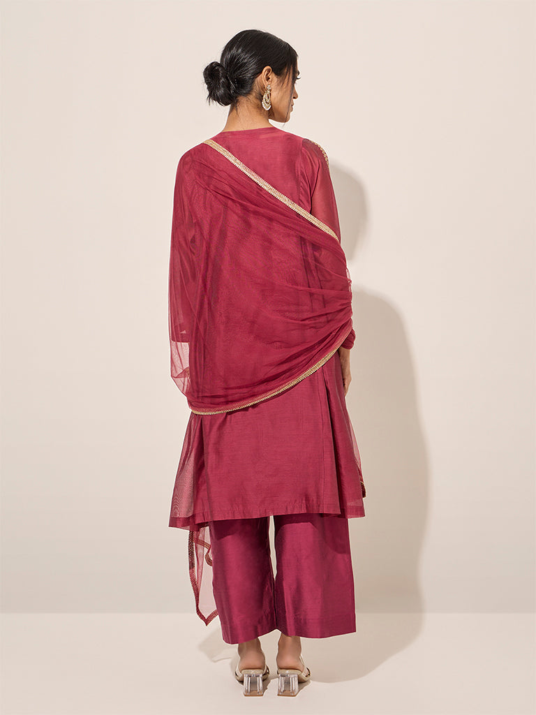 Vark Dark Pink A-Line Kurta, Inner, Pants and Dupatta Set