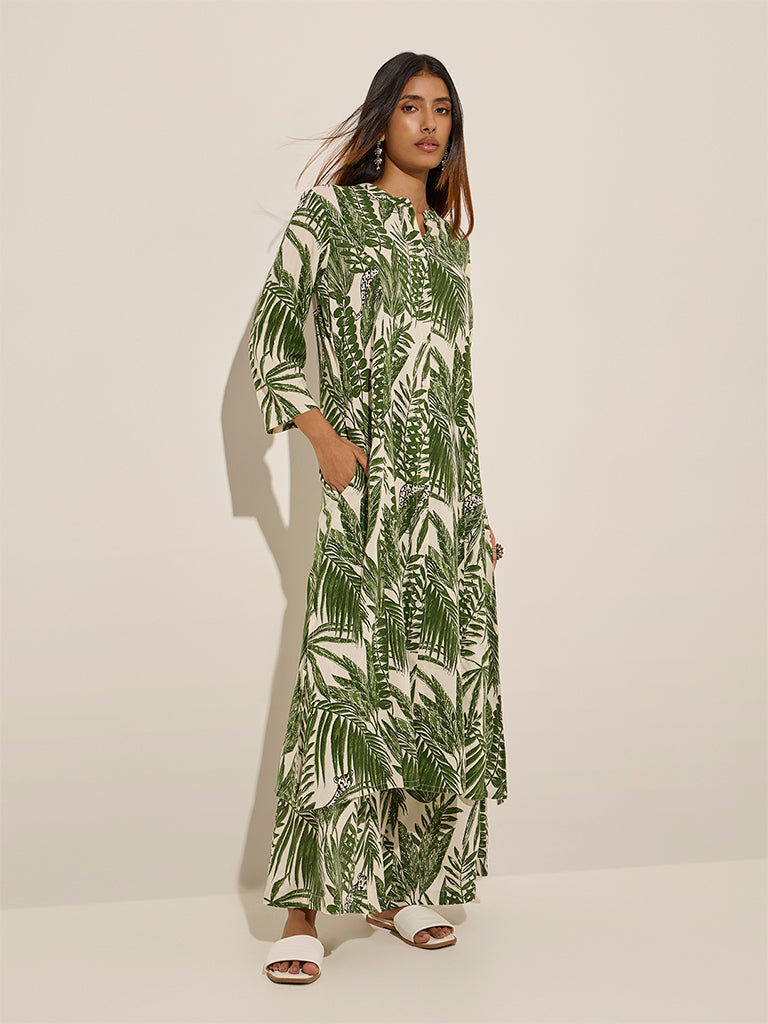 Utsa Green Foliage Printed A-Line Kurta