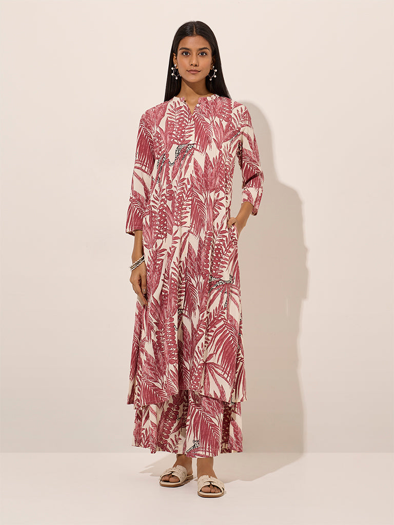 Utsa Dark Pink Tropical Printed A-Line Kurta