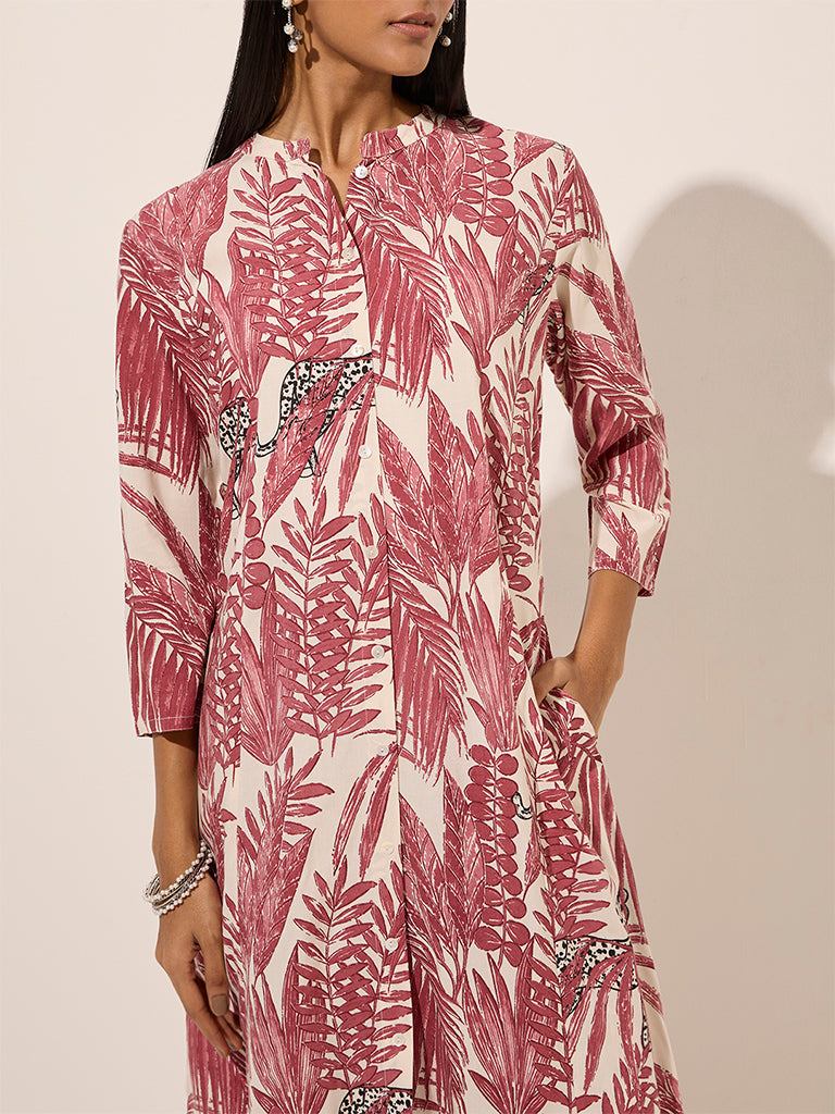 Utsa Dark Pink Tropical Printed A-Line Kurta