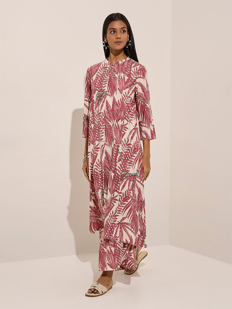 Utsa Dark Pink Tropical Printed A-Line Kurta