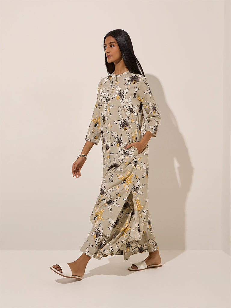 Utsa Grey Floral Printed A-Line Kurta