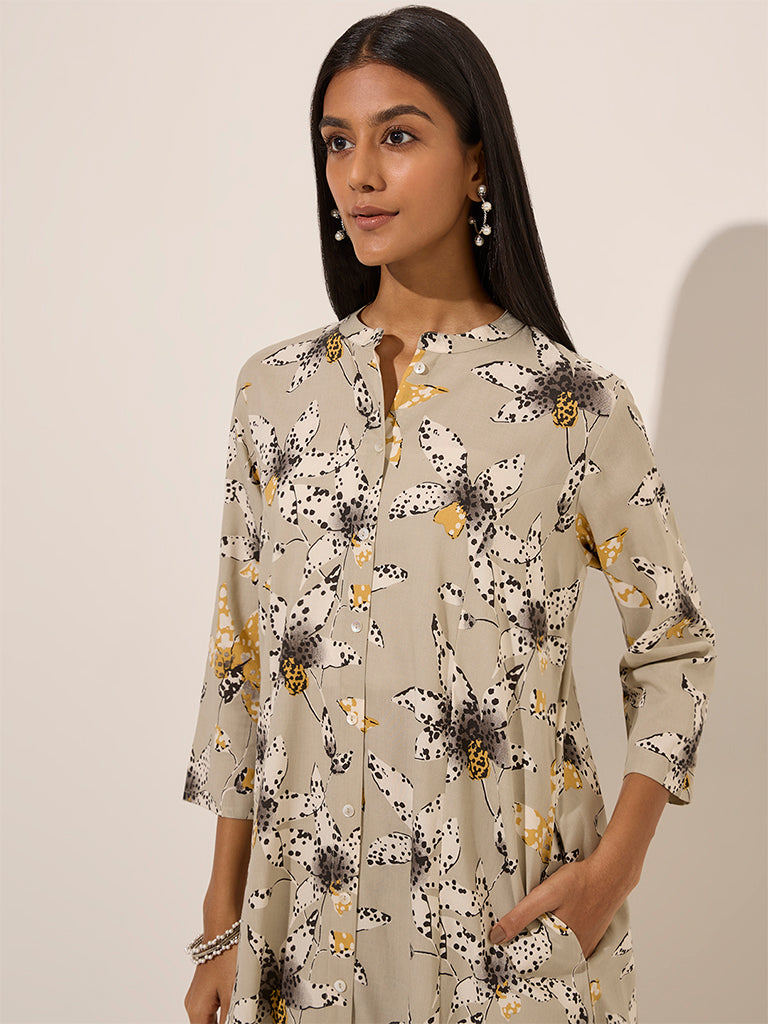 Utsa Grey Floral Printed A-Line Kurta